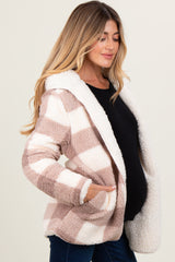 Light Taupe Plaid Teddy Fleece Hooded Maternity Cardigan