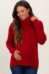 Burgundy Basic Ribbed Turtle Neck Maternity Sweater