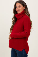 Burgundy Basic Ribbed Turtle Neck Maternity Sweater