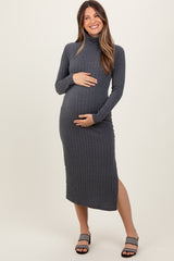 Charcoal Cable Knit Turtleneck Maternity Midi Sweater Dress