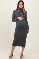 Charcoal Cable Knit Turtleneck Maternity Midi Sweater Dress