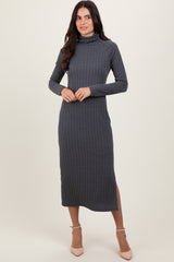 Charcoal Cable Knit Turtleneck Maternity Midi Sweater Dress