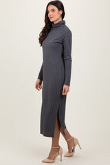 Charcoal Cable Knit Turtleneck Midi Sweater Dress