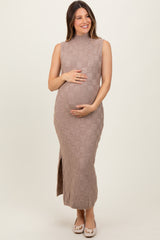 Mocha Checkered Knit Mock Neck Side Slit Maternity Maxi Dress