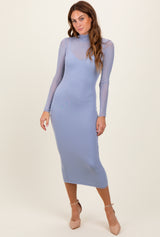 Light Blue Mesh Overlay Fitted Midi Dress