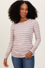 Beige Striped Ruched Side Maternity Long Sleeve Top