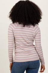 Beige Striped Ruched Side Long Sleeve Top