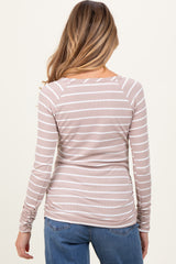 Beige Striped Ruched Side Maternity Long Sleeve Top