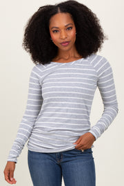 Grey Striped Ruched Side Long Sleeve Top