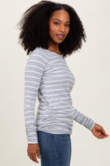 Grey Striped Ruched Side Long Sleeve Top