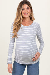 Grey Striped Ruched Side Maternity Long Sleeve Top