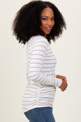 White Striped Ruched Side Long Sleeve Top