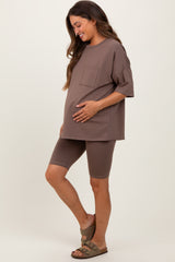 Brown Oversized Short Sleeve Biker Short Maternity Set