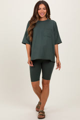 Hunter Green Oversized Short Sleeve Biker Short Maternity Set