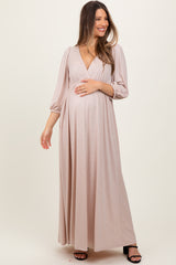 Beige Glitter V-Neck Maternity Maxi Dress