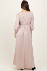 Beige Glitter V-Neck Maternity Maxi Dress