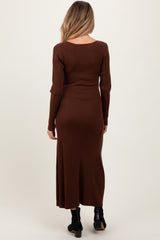 Brown Ribbed Knit Maternity Maxi Sweater Dress