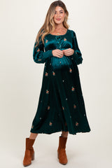 Deep Teal Velvet Embroidered Floral Maternity Midi Dress