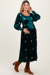 Deep Teal Velvet Embroidered Floral Maternity Midi Dress