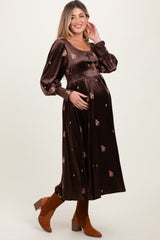 Brown Velvet Embroidered Floral Maternity Midi Dress