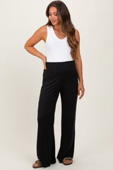 Black Ribbed Smocked Waistband Wide Leg Maternity Pants