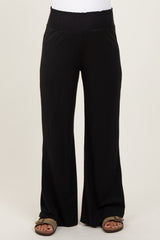 Black Ribbed Smocked Waistband Wide Leg Maternity Pants