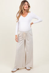 Beige French Terry Raw Edge Maternity Wide Leg Pants