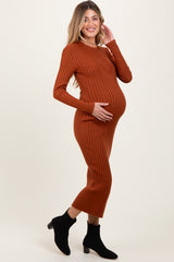 Rust Contrast Ribbed Knit Maternity Midi Dress