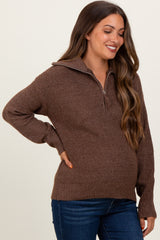 Brown Half Zip Maternity Pullover Sweater