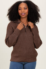 Brown Half Zip Maternity Pullover Sweater