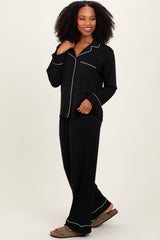 Black Button Down Top Wide Leg Pant Maternity Pajama Set