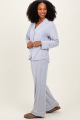 Heather Grey Button Down Top Wide Leg Pant Pajama Set