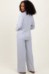 Heather Grey Button Down Top Wide Leg Pant Pajama Set