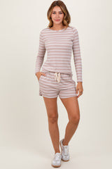 Beige Striped Ribbed Long Sleeve Top Drawstring Short Maternity Set