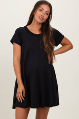 Black French Terry Basic Short Sleeve Maternity Mini Dress