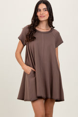 Brown French Terry Basic Short Sleeve Mini Dress