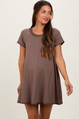 Brown French Terry Basic Short Sleeve Maternity Mini Dress