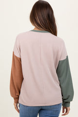 Beige Ribbed Colorblock Sleeve Maternity Long Sleeve Top