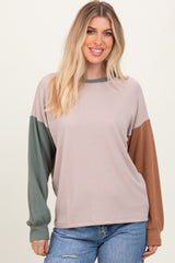 Beige Ribbed Colorblock Sleeve Long Sleeve Top