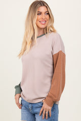 Beige Ribbed Colorblock Sleeve Long Sleeve Top