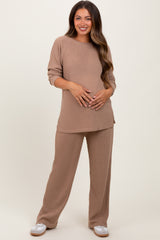 Mocha Ribbed Brushed Knit Long Sleeve Pant Maternity Set