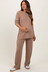 Mocha Ribbed Brushed Knit Long Sleeve Pant Maternity Set