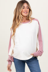 Cream Brushed Knit Colorblock Sleeve Maternity Pullover