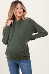 Olive Ribbed Basic Drawstring Maternity Hoodie