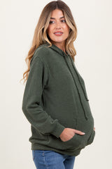 Olive Ribbed Basic Drawstring Maternity Hoodie