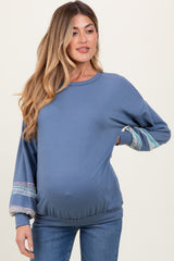 Blue Multicolor Trim French Terry Maternity Sweatshirt