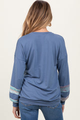 Blue Multicolor Trim French Terry Maternity Sweatshirt