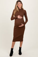 Brown Mock Neck Fitted Ribbed Knit Maternity Midi Dress