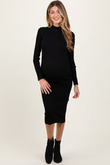 Black Mock Neck Fitted Ribbed Knit Maternity Midi Dress