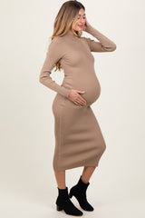 Light Taupe Mock Neck Fitted Ribbed Knit Maternity Midi Dress